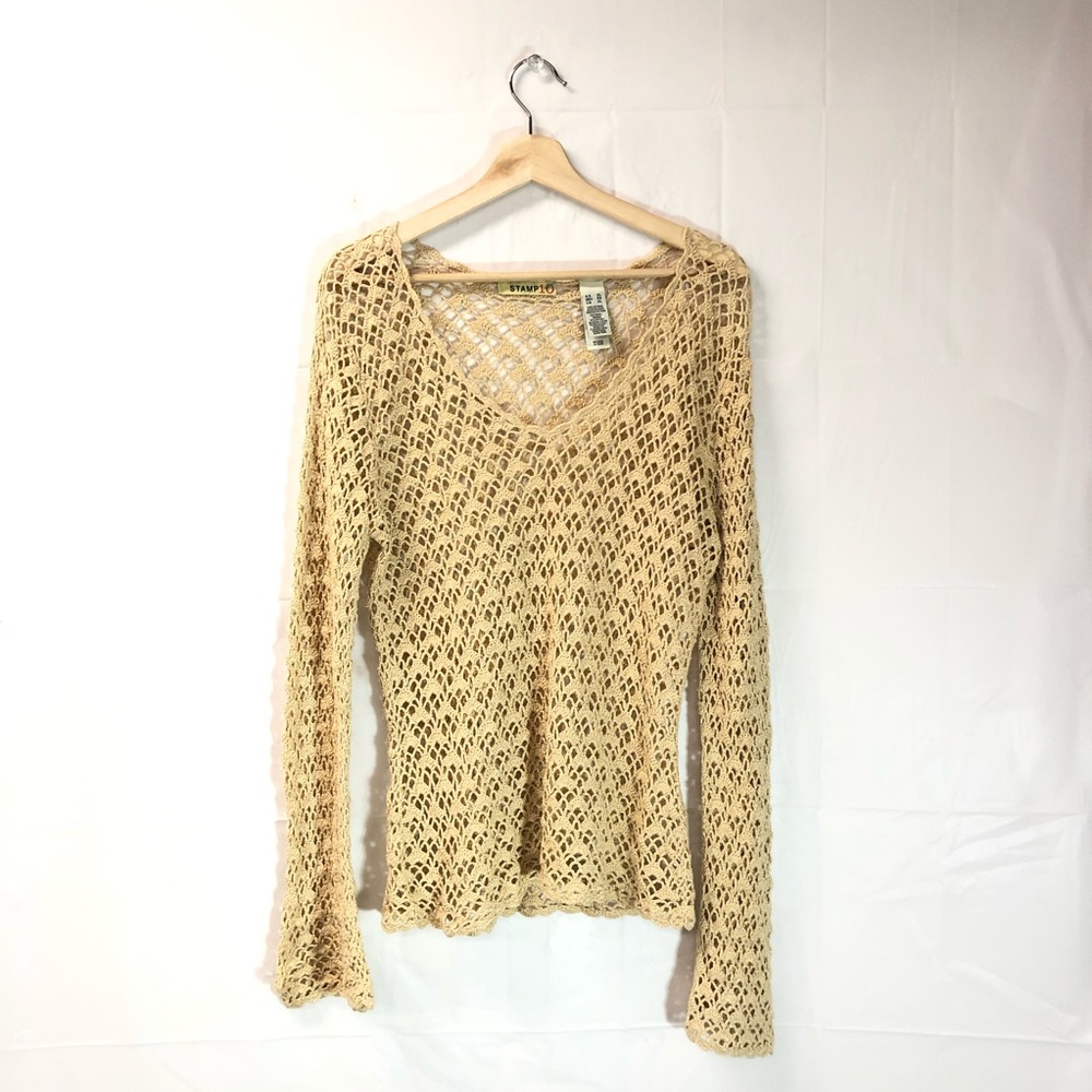 Stamp 10 long sleeve bell sleeve open weave top